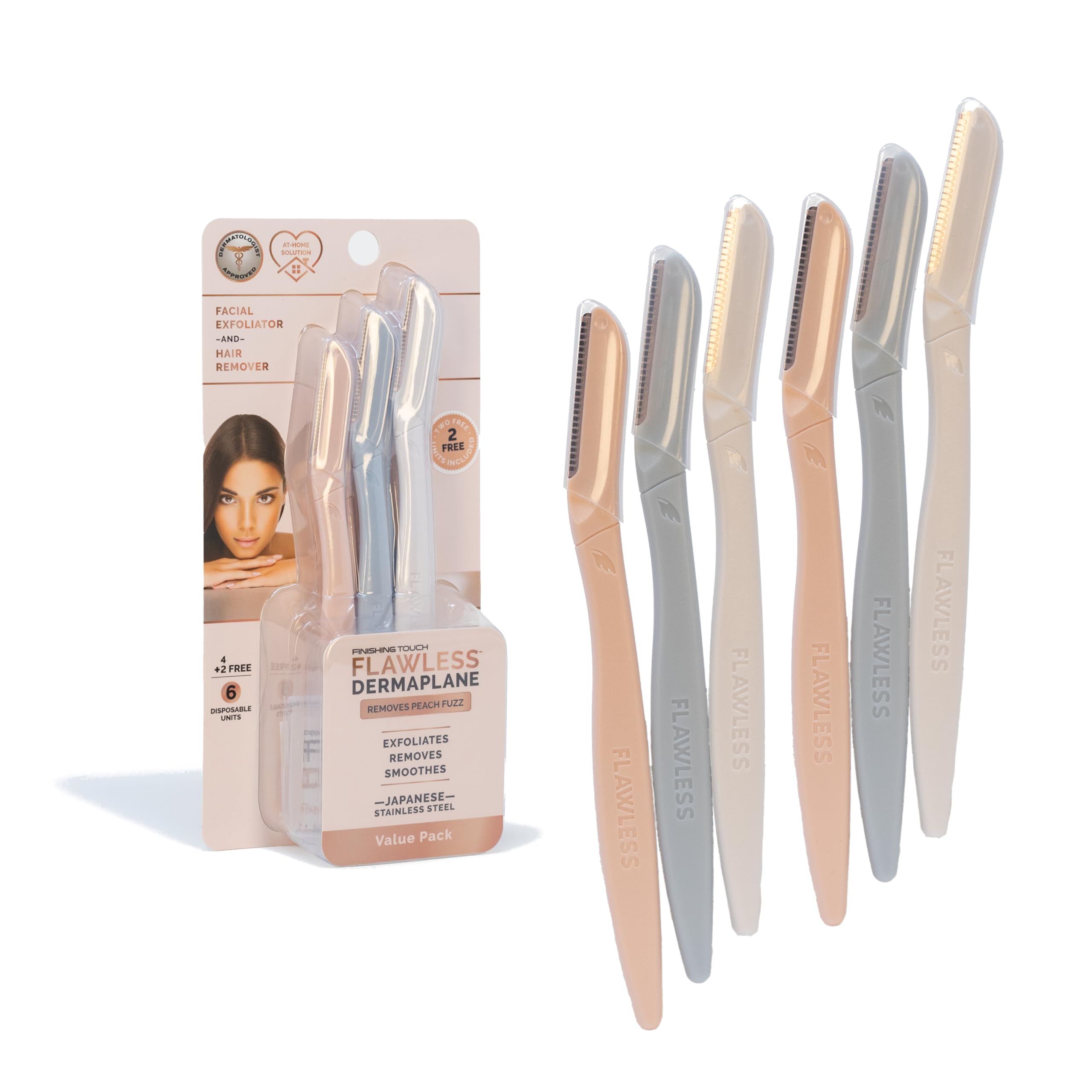 Finishing Touch Flawless Dermaplane Facial Exfoliator & Hair Remover for Women - 6 Pack | Gentle Facial Hair Removal & Skin Exfoliation Tool for Smooth Skin | Perfect for Daily Skincare Routine & Travel