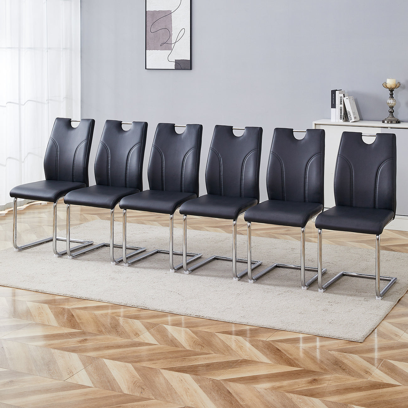 Modern Black PU Dining Chairs Set of 6 - Waterproof Leather Upholstered Chairs with Silver Metal Legs for Kitchen, Restaurant, Office & Conference Room - Elegant & Durable Seating Solution for Home & Commercial Use