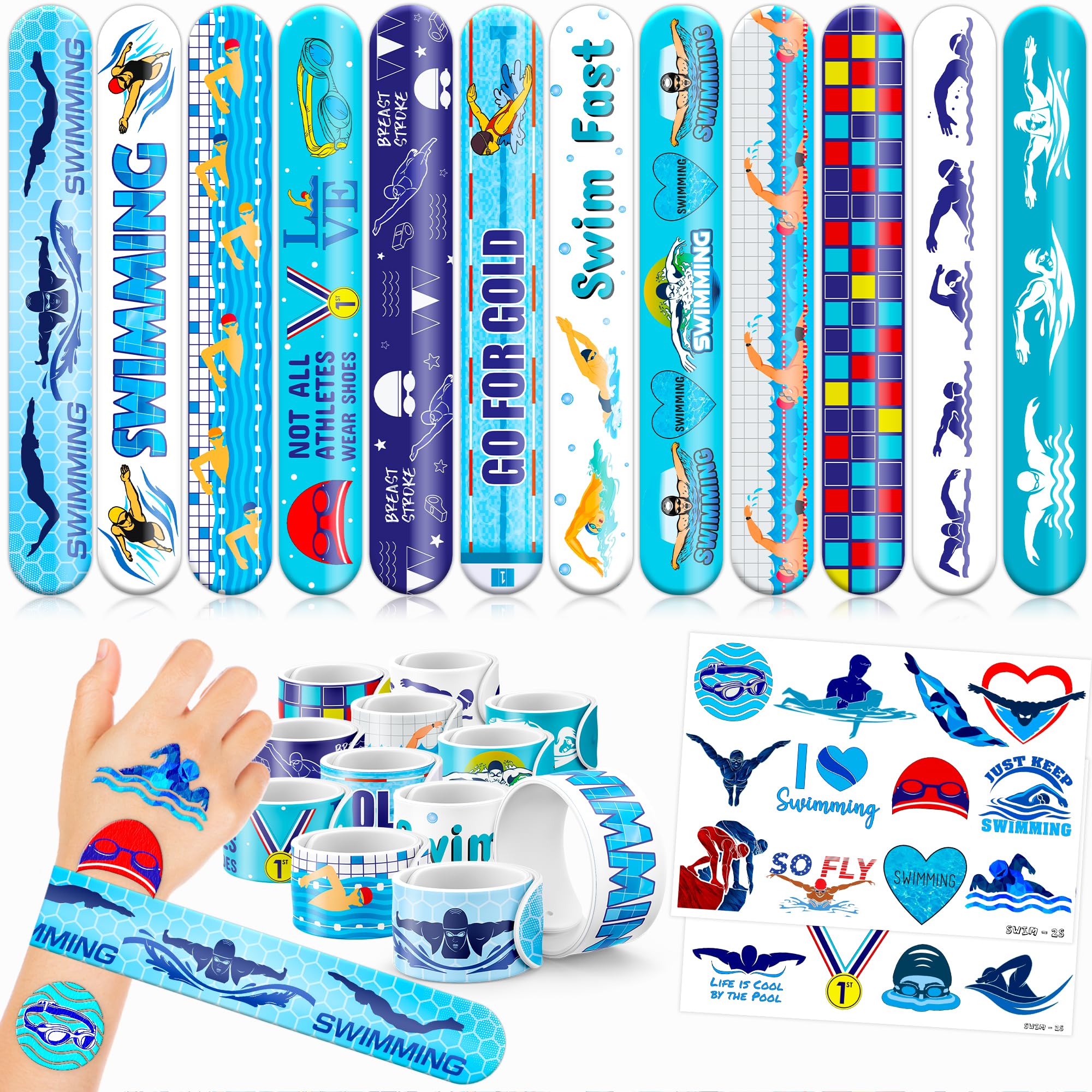 48PCS Waterproof Temporary Tattoos & Slap Bracelets Set - Fun Swimming Party Supplies for Kids, Perfect for Pool Parties, Birthday Gifts, Baby Showers & Classroom Rewards (24 Tattoos + 24 Bracelets) - Great Decorations for Boys and Girls