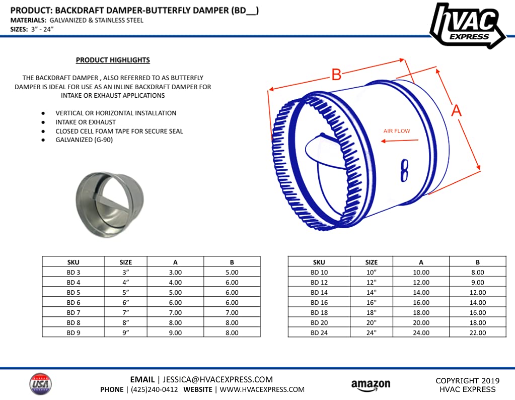 4 Inch Butterfly Backdraft Damper (BD 4) - HVAC System Airflow Control for Kitchen Exhaust, Bathroom Ventilation & Industrial Ductwork