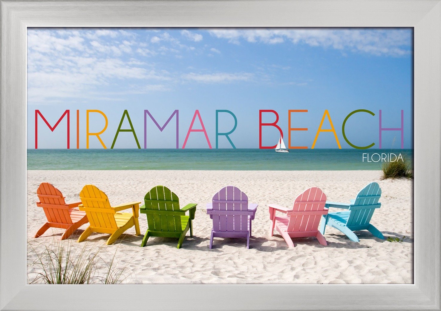 Miramar Beach Florida Colorful Beach Chairs - 12x18 Giclee Fine Art Print with Recycled Wood Frame in Silver | Perfect for Coastal Home Decor, Beach House Wall Art & Vacation Memory Display