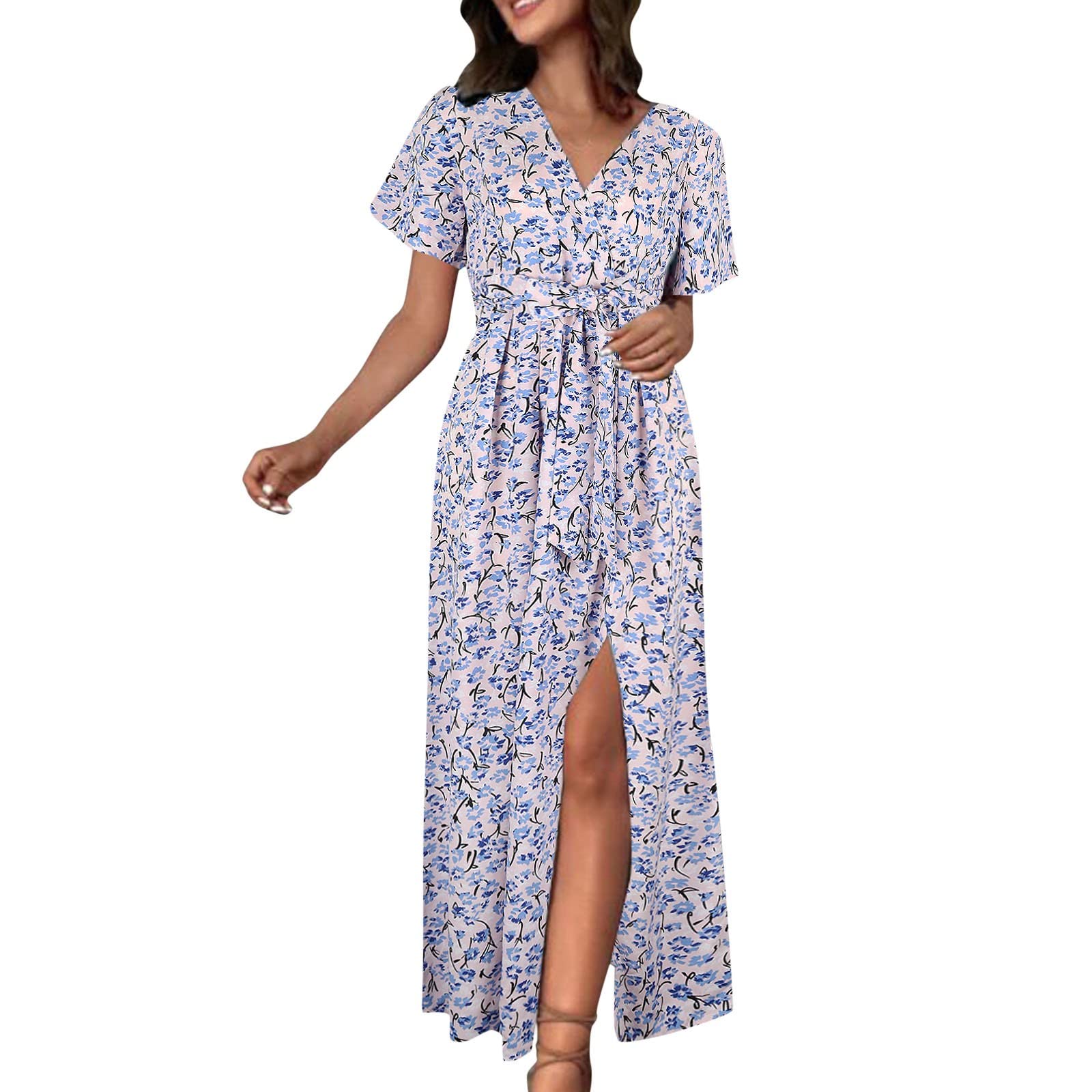 2luv Women's Floral Print V-Neck Short Sleeve Maxi Dress - Casual Summer Beach Dress for Vacation, Party & Everyday Wear