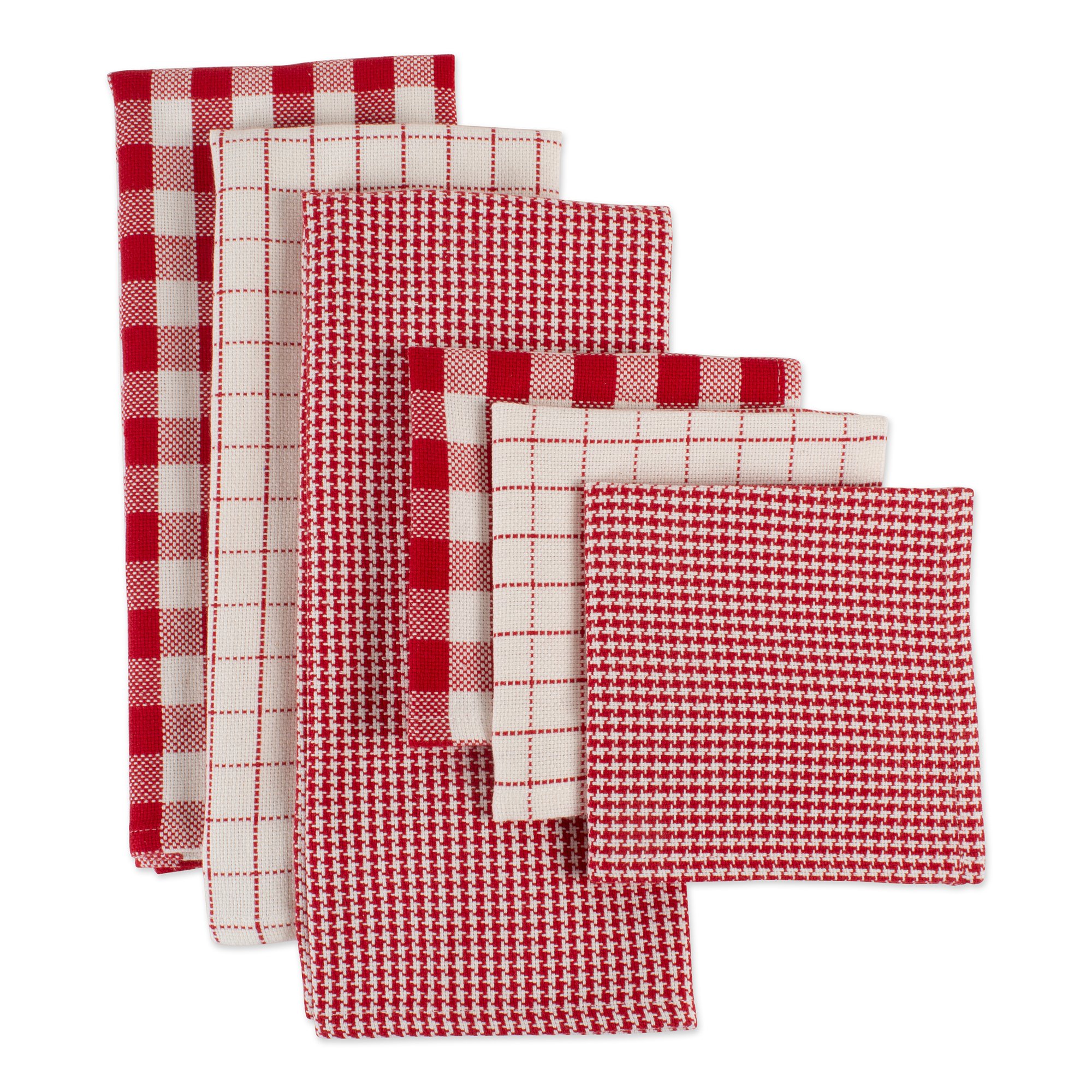 DII Premium Cotton Kitchen Towels Set - 18x28 Dish Towels & 13x13 Dish Cloths - 6-Piece Heavy Duty Holiday Red Checkered Collection for Cooking, Cleaning & Decor
