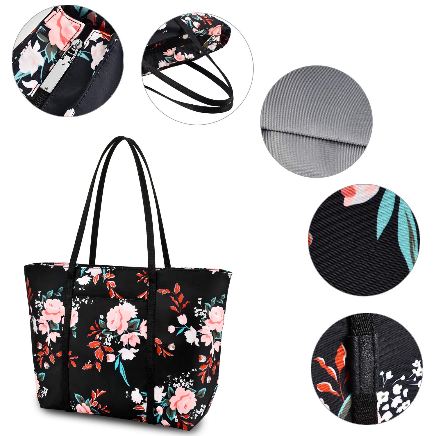Chrysansmile Large Tote Bag for Women - Waterproof Nylon Work Shoulder Bag with Floral Design, Spacious Beach Purse for Office, Travel & Shopping
