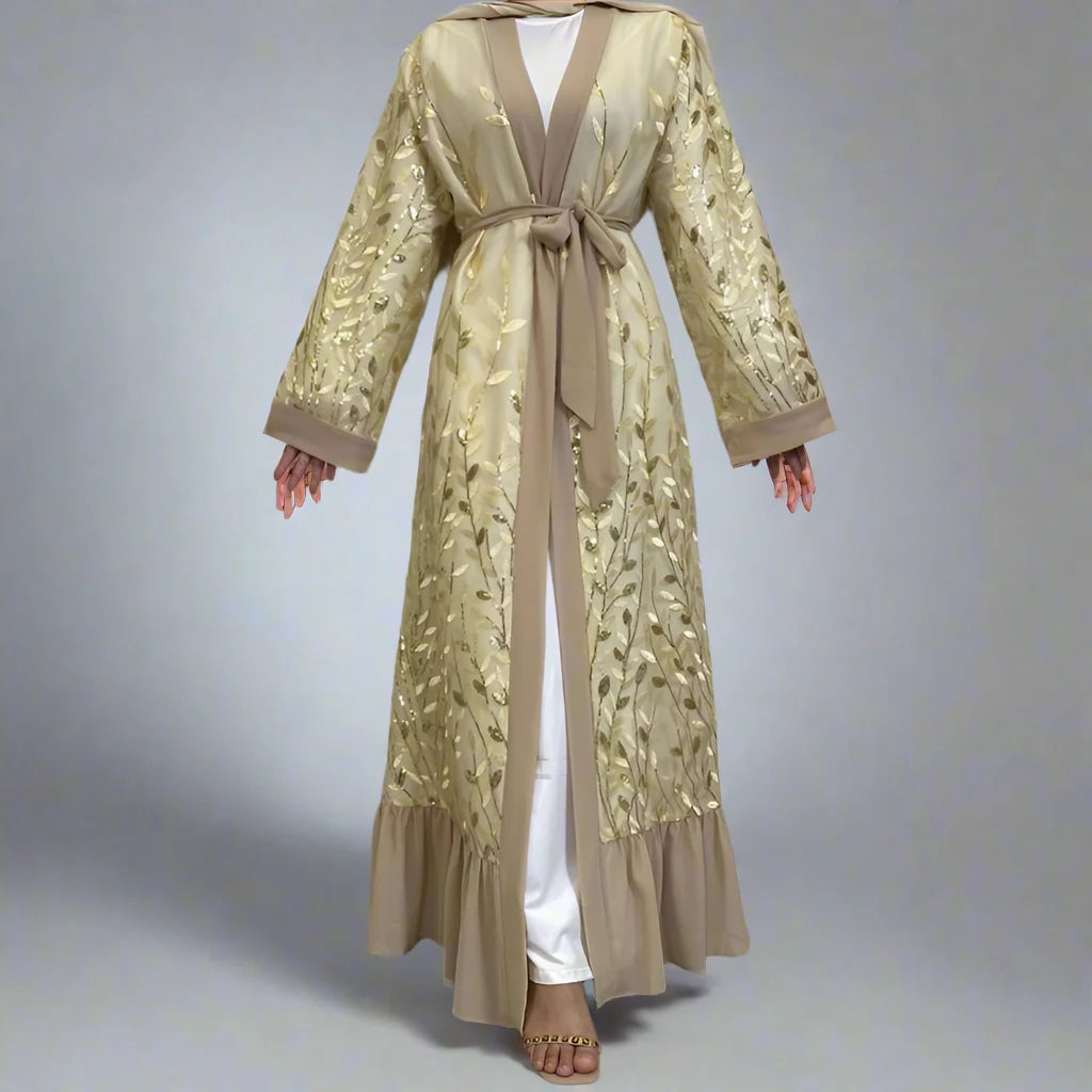 Elegant Leaf Embroidery Lace Open Abaya Dress for Muslim Women | Modest Islamic Clothing | Perfect for Prayer, Eid, Wedding & Special Occasions