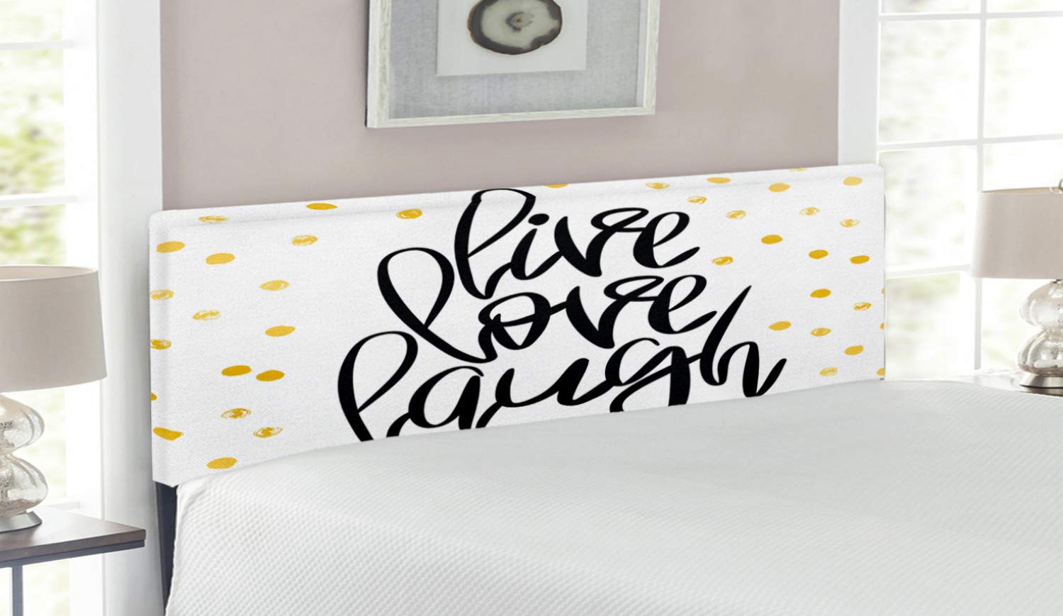 Ambesonne Live Laugh Love Upholstered Headboard - Queen Size Inspirational Bed Headboard with Memory Foam & Hand Lettering Design in Black White Yellow | Perfect for Master Bedroom, Guest Room & Dorm Decor