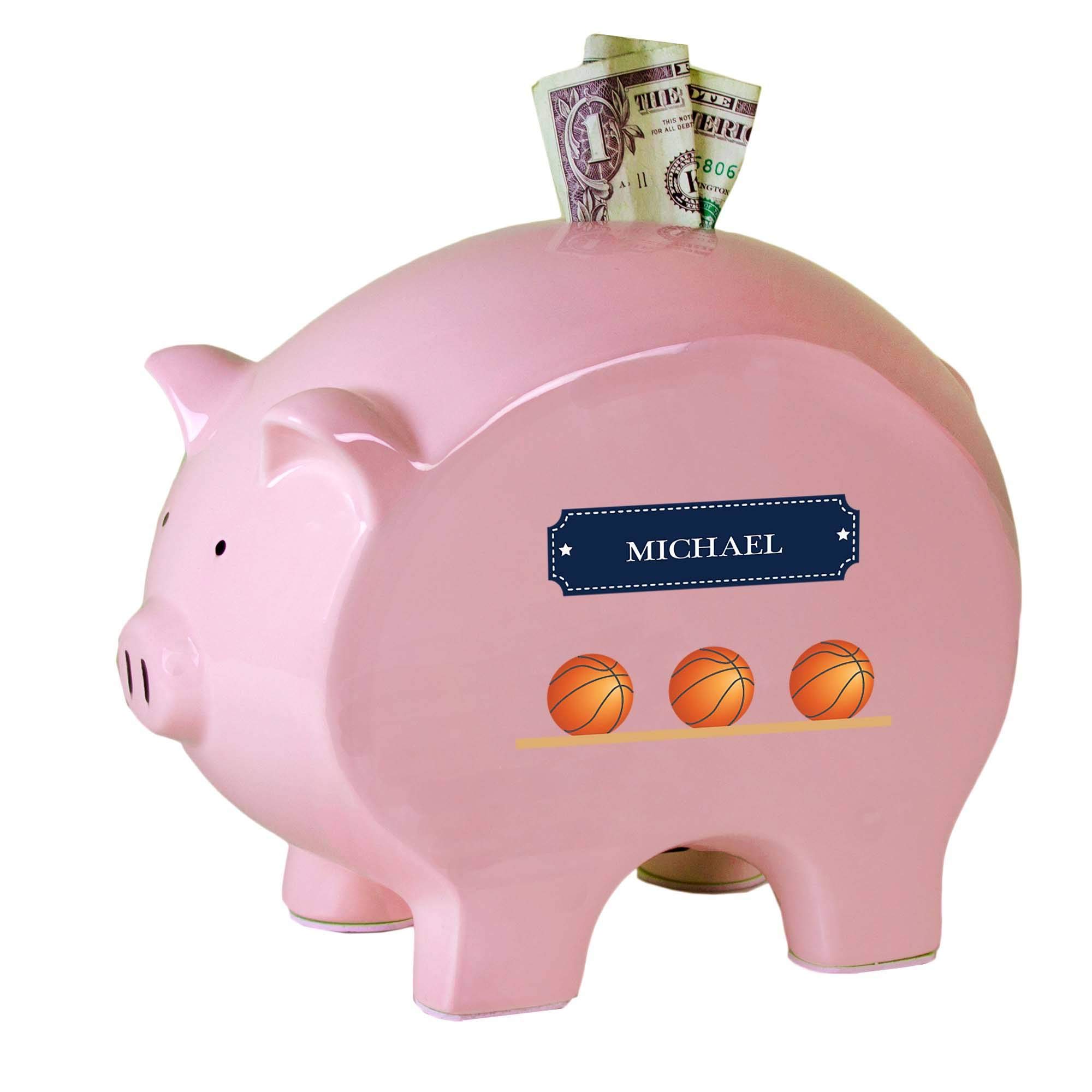 Personalized Pink Piggy Bank with Basketballs - Perfect for Kids' Savings & Gifts
