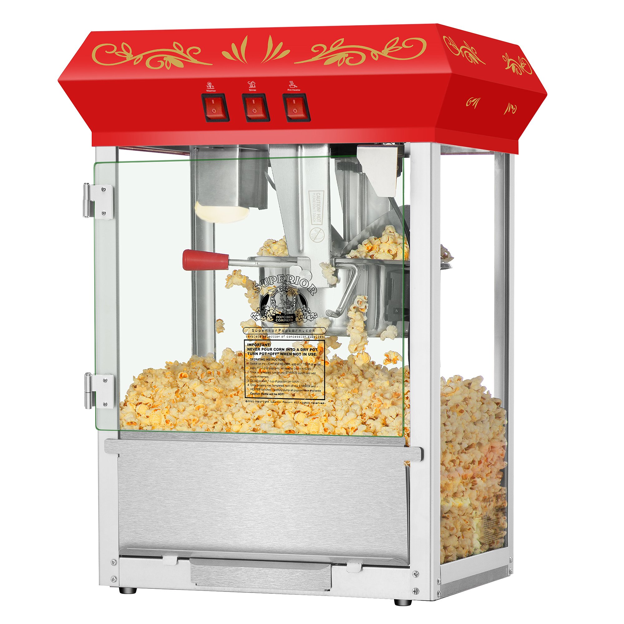 Superior Popcorn Machine 3 Gallon with 8oz Kettle - Commercial Countertop Popcorn Popper with Warming Tray & Scoop - Perfect for Movie Nights, Parties, and Concession Stands (Red)