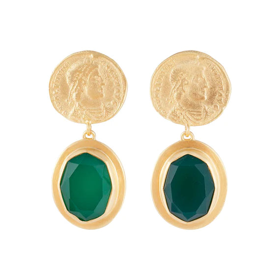 FAIRLEY Green Agate Ancient Coin Drop Earrings for Women - Handmade Boho Dangle Earrings - Vintage Style Jewelry Gift for Her - Perfect for Parties, Weddings & Special Occasions