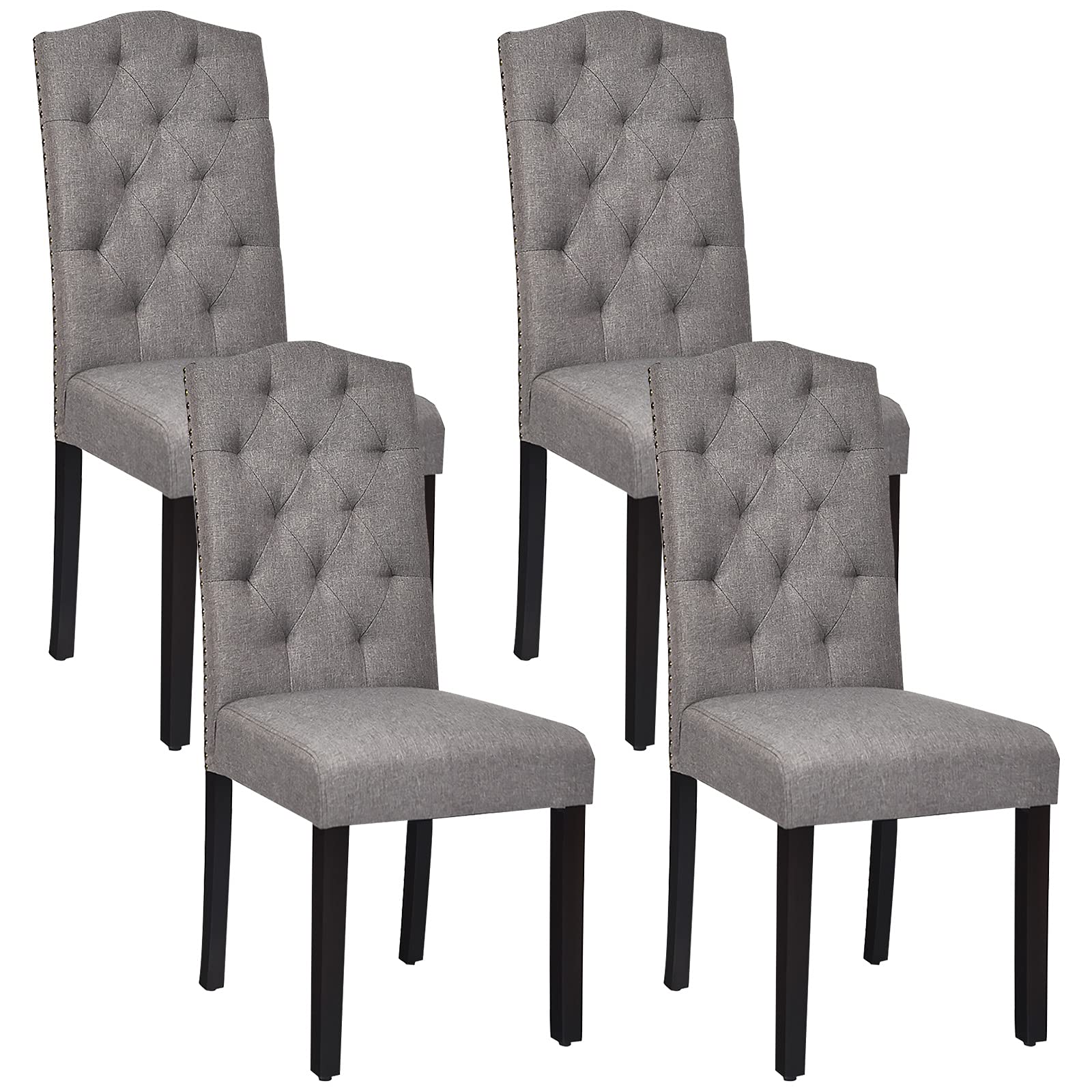 4-Piece Grey Fabric Dining Chair Set - Upholstered Tufted Parsons Chairs with Solid Wood Legs & Tall Back - Elegant Kitchen & Dining Room Seating for Home & Restaurant Use