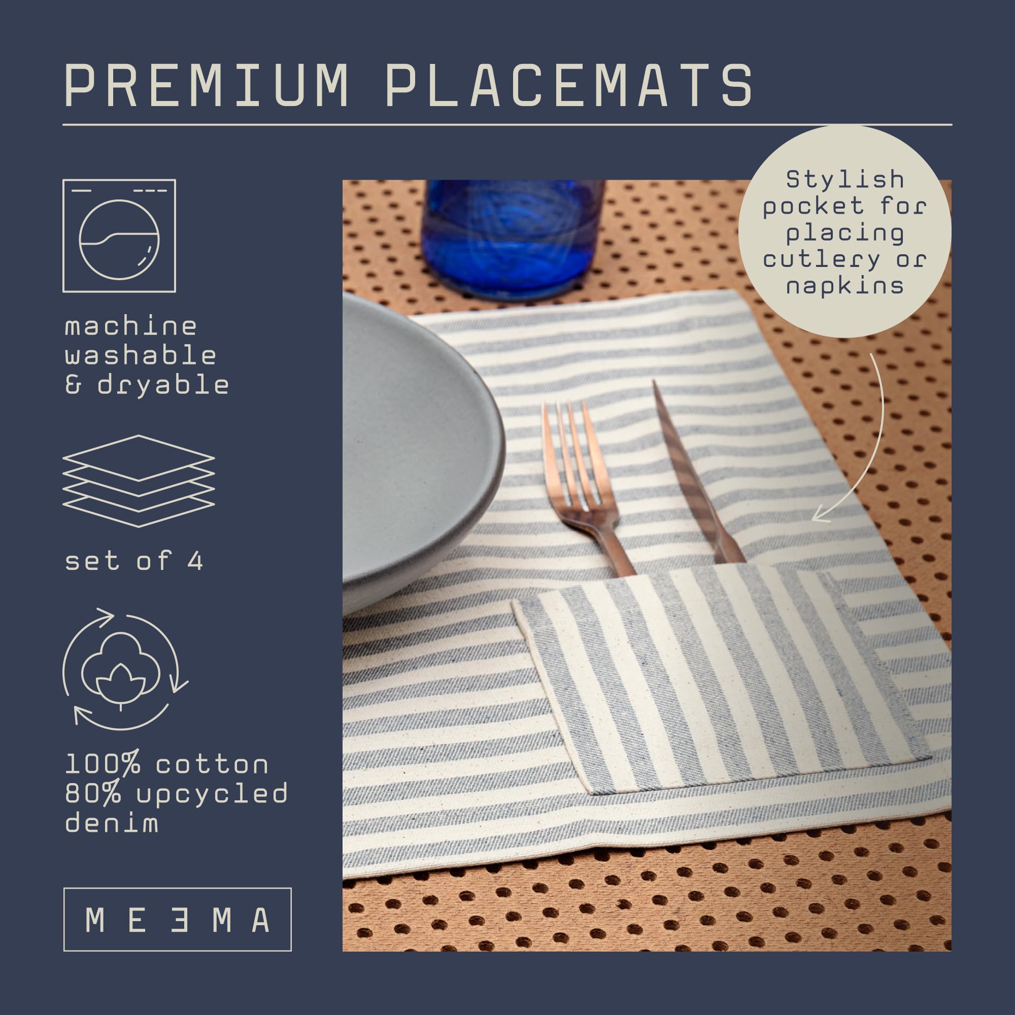 MEEMA 4-Pack Washable Placemats with Pockets - 14x20 Inch Recycled Denim & Cotton Farmhouse Table Mats for Dining Room, Kitchen, and Special Occasions | Rustic Striped Design for Home Decor and Holiday Gatherings
