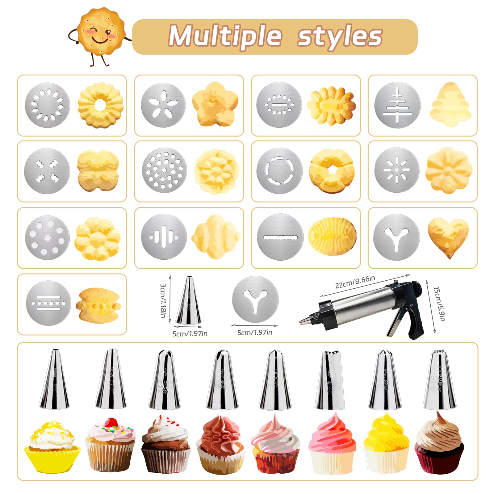 Professional Cookie Press Gun for Baking - 13 Cookie Discs & 8 Icing Nozzles Kit - Perfect for DIY Cookies, Cake Decorating & Holiday Baking