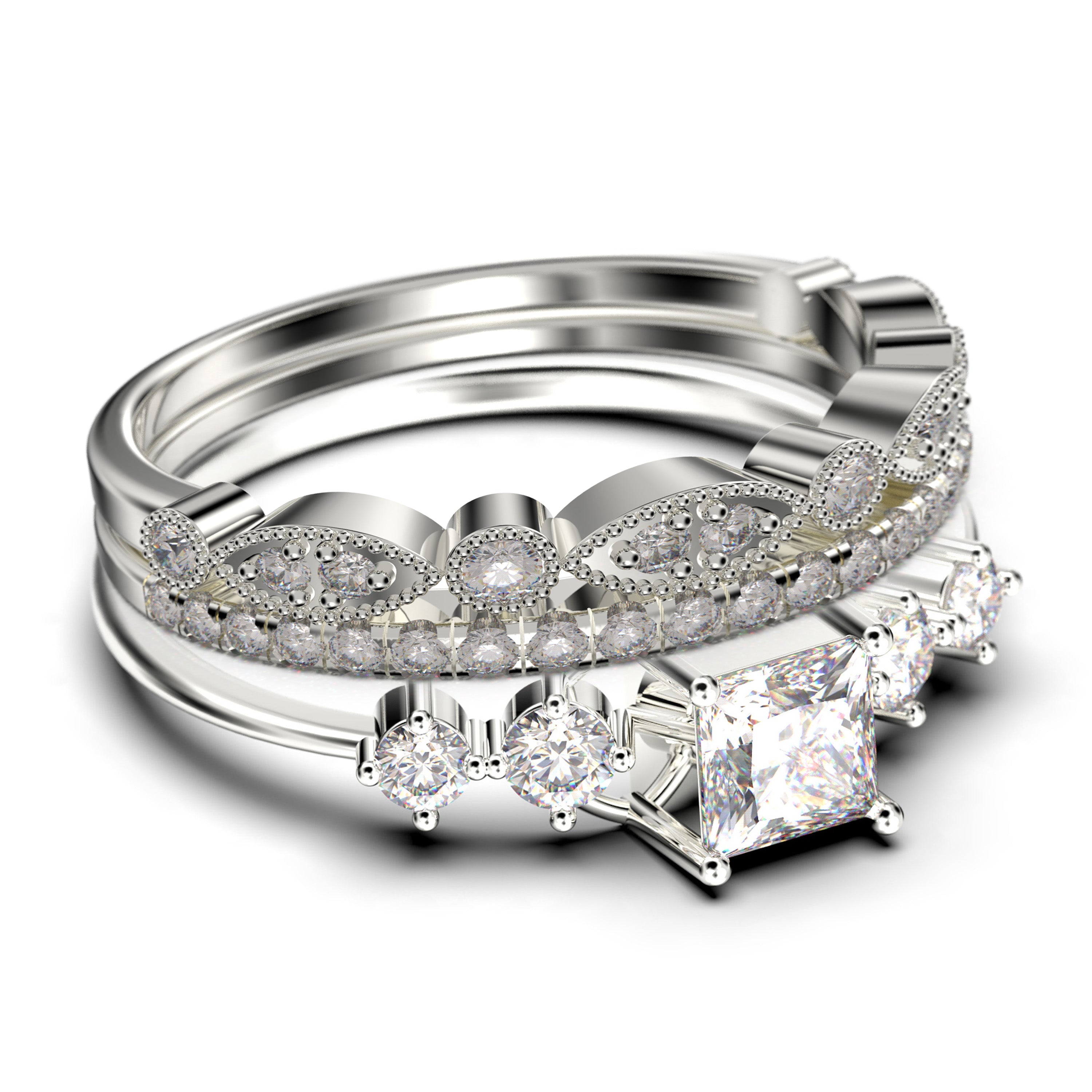 1.75 Carat Princess Cut Moissanite Engagement Ring Set - 925 Sterling Silver with 18k White Gold Plating - Minimalist Anniversary & Wedding Band Trio - Perfect for Proposals, Vows Renewal & Special Occasions