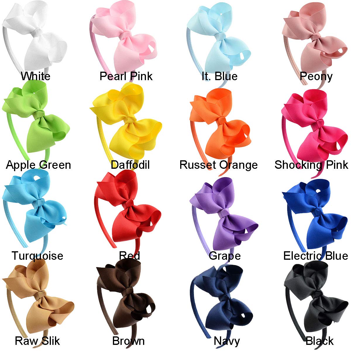 16 Pack Hair Bows for Girls - Plastic Headbands with Grosgrain Ribbon, Cute Hair Hoops & Hair Accessories for Baby, Toddler & Kids - Perfect for Parties, School & Daily Wear