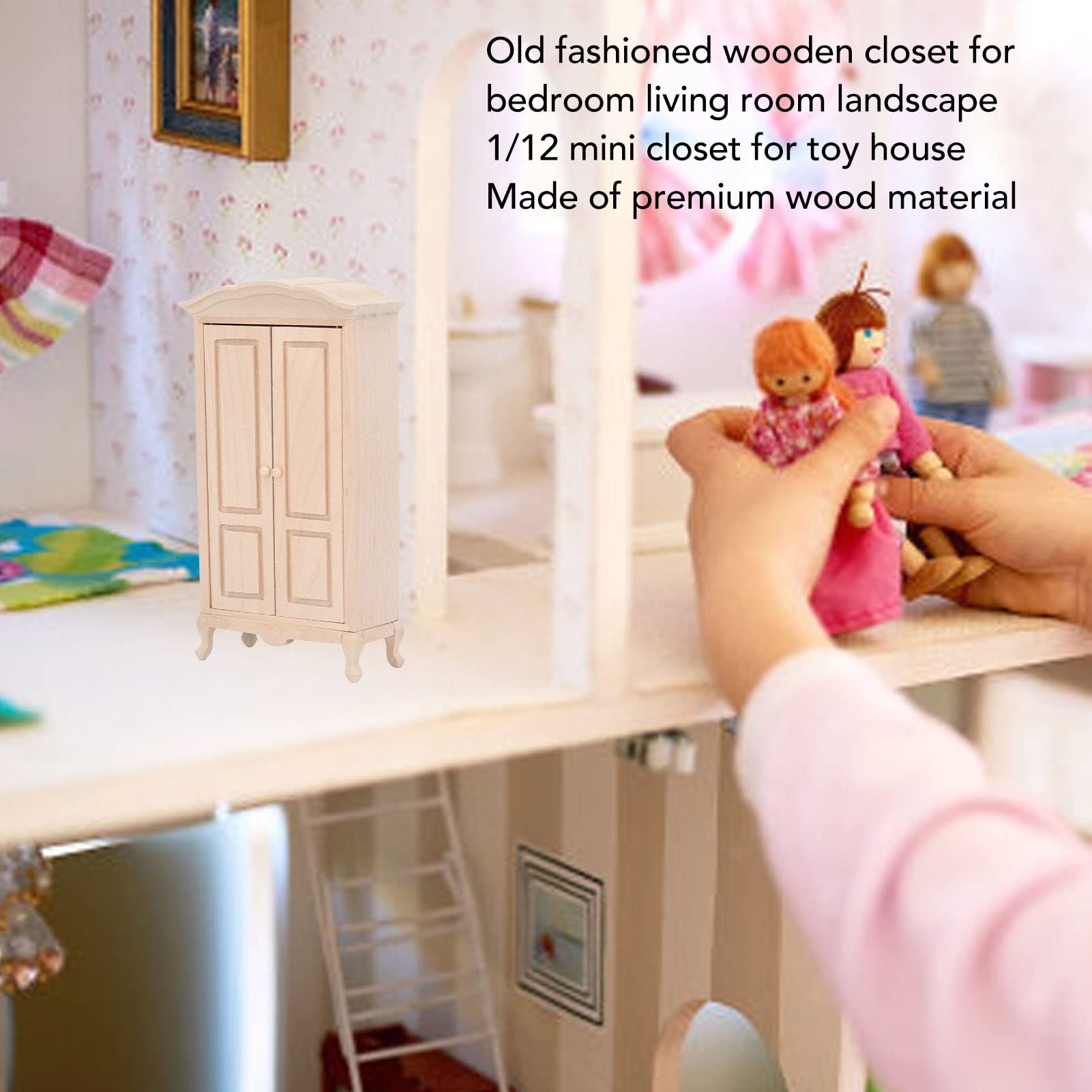 1/12 Scale Miniature Wooden Wardrobe - Double Door Dollhouse Closet for Cabinet, Mini House Furniture & Doll Accessories | Perfect for DIY Dollhouse Decor, Miniature Room Displays & Collectors