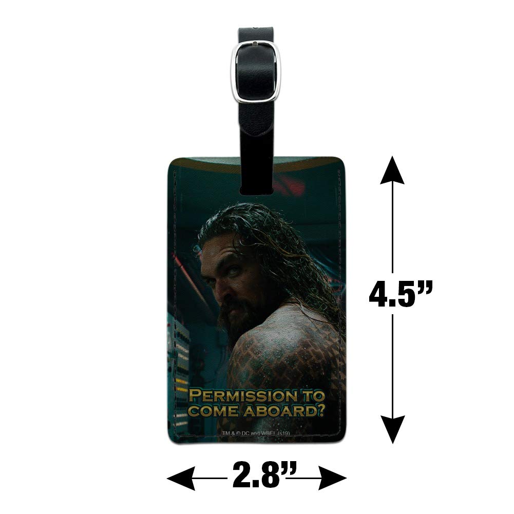 Official Aquaman Movie 'Permission to Come Aboard' Leather Luggage Tag - Rectangle ID Card Holder for Travel Bags, Suitcases & Backpacks | DC Comics Collectible Gift for Fans