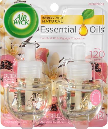 Air Wick Plug in Scented Oil Refill - 2 Pack Vanilla & Pink Papaya Fragrance | Essential Oil Air Freshener for Home, Office & Bathroom | Long Lasting Aroma for Relaxation & Stress Relief