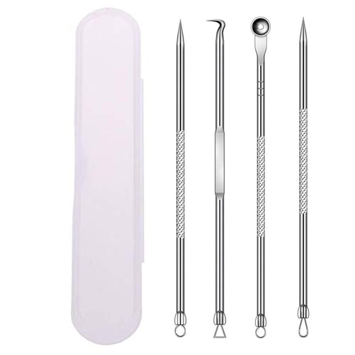 4-in-1 Acne Removal Tool Kit for Blackheads, Whiteheads & Pimples - Double-Sided Stainless Steel Extractor with Tweezers - Facial Cleanser for Nose & Face Care (Pack of 4) - Perfect for Home Skincare & Travel Beauty Routine