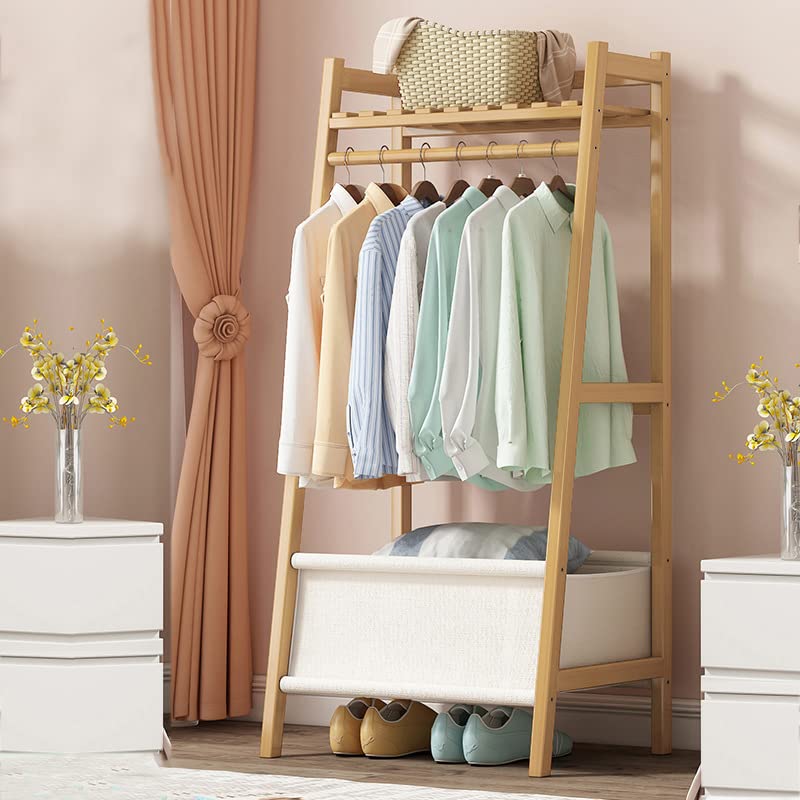 Stylish Bamboo Coat Rack with Top Shelf & Bottom Basket - Space-Saving Garment Stand for Hats, Coats & Bags - Perfect for Entryway, Bedroom or Closet Organization