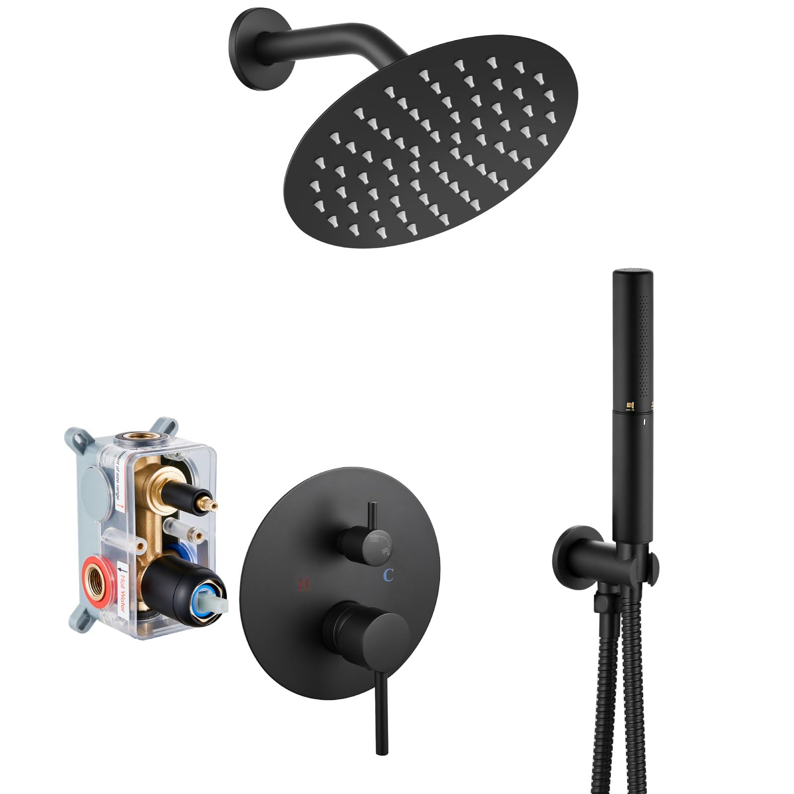 Airuida 2-Function Wall Mounted Shower Faucet Set - High Pressure Brass Handheld Shower with Rough-in Valve & 8 Inch Round Rainfall Shower Head in Matte Black for Bathroom | Perfect for Modern Home, Spa-Like Shower Experience