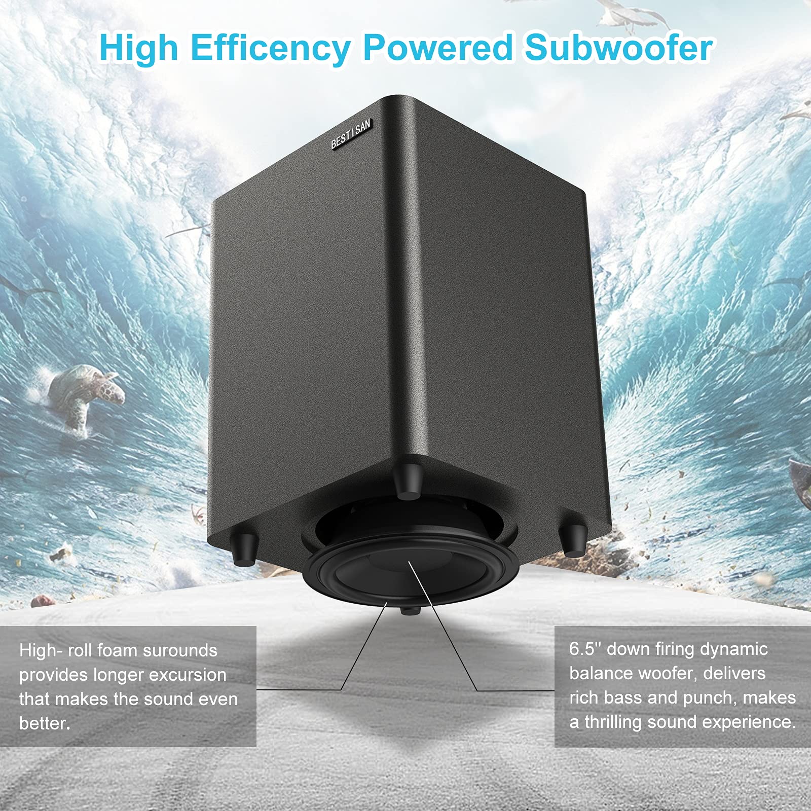 **BESTISAN Powered Subwoofer - Compact Down-Firing Deep Bass Subwoofer for Home Theater, TV & Audio Systems | Easy Setup with Included Coaxial Cable | Perfect for Movies, Music & Gaming (Black)**