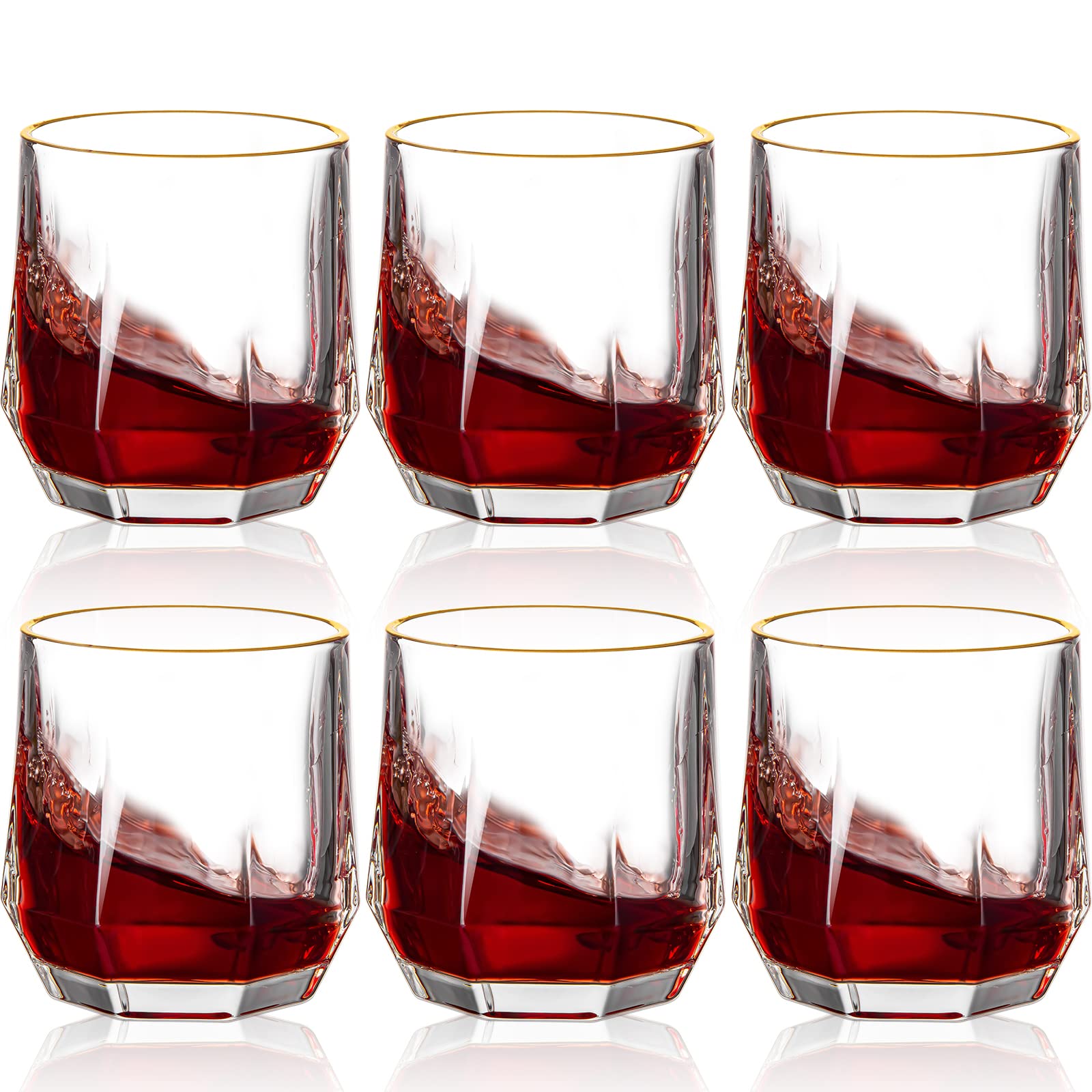 Premium 10 oz Gold Rim Stemless Wine Glasses Set - 6 Pack Hand Blown Crystal Diamond Design with 2 Wine Stoppers - Elegant Glass Tumblers for Wine, Cocktail, Juice, Water - Perfect for Parties, Weddings, Home Bar & Gifts