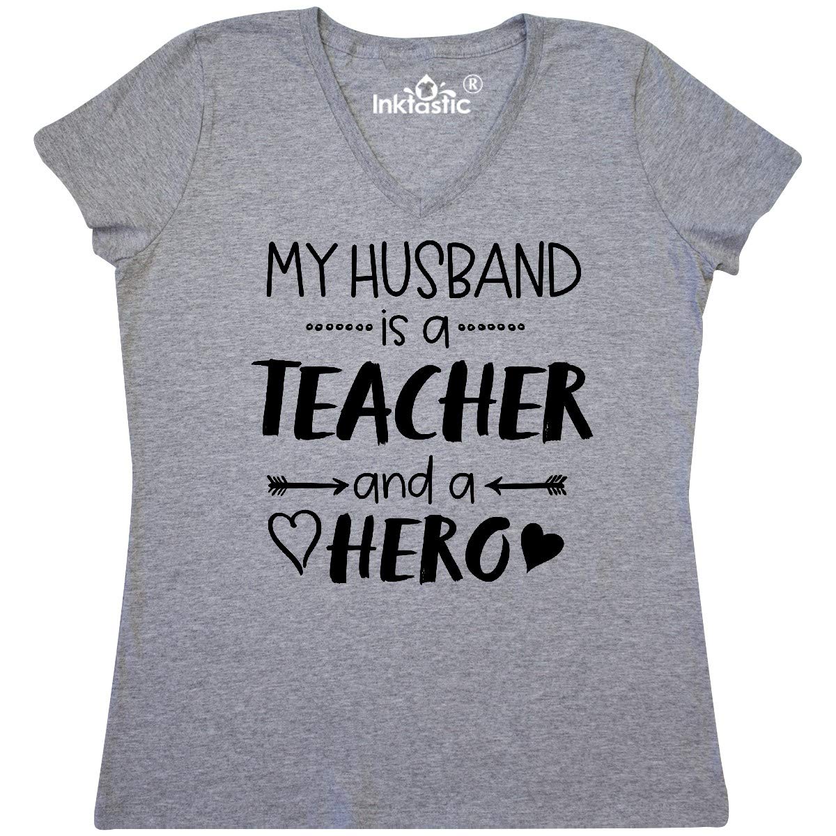 Inktastic 'My Husband is a Teacher and a Hero' Women's V-Neck T-Shirt - Perfect Gift for Teacher Appreciation & Wife Support