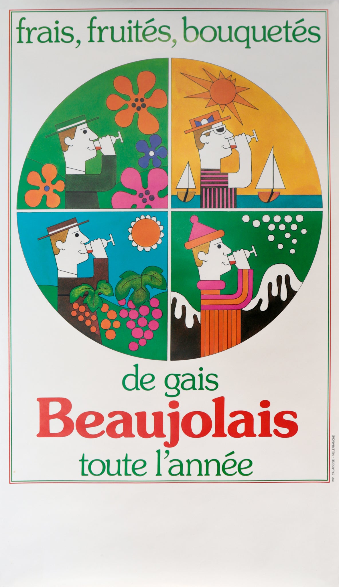 Vintage 1970s French Wine Poster - Fresh, Fruity, Bouquet of Gais Beaujolais - Perfect for Wine Cellar, Bar Decor & Vintage Art Collection
