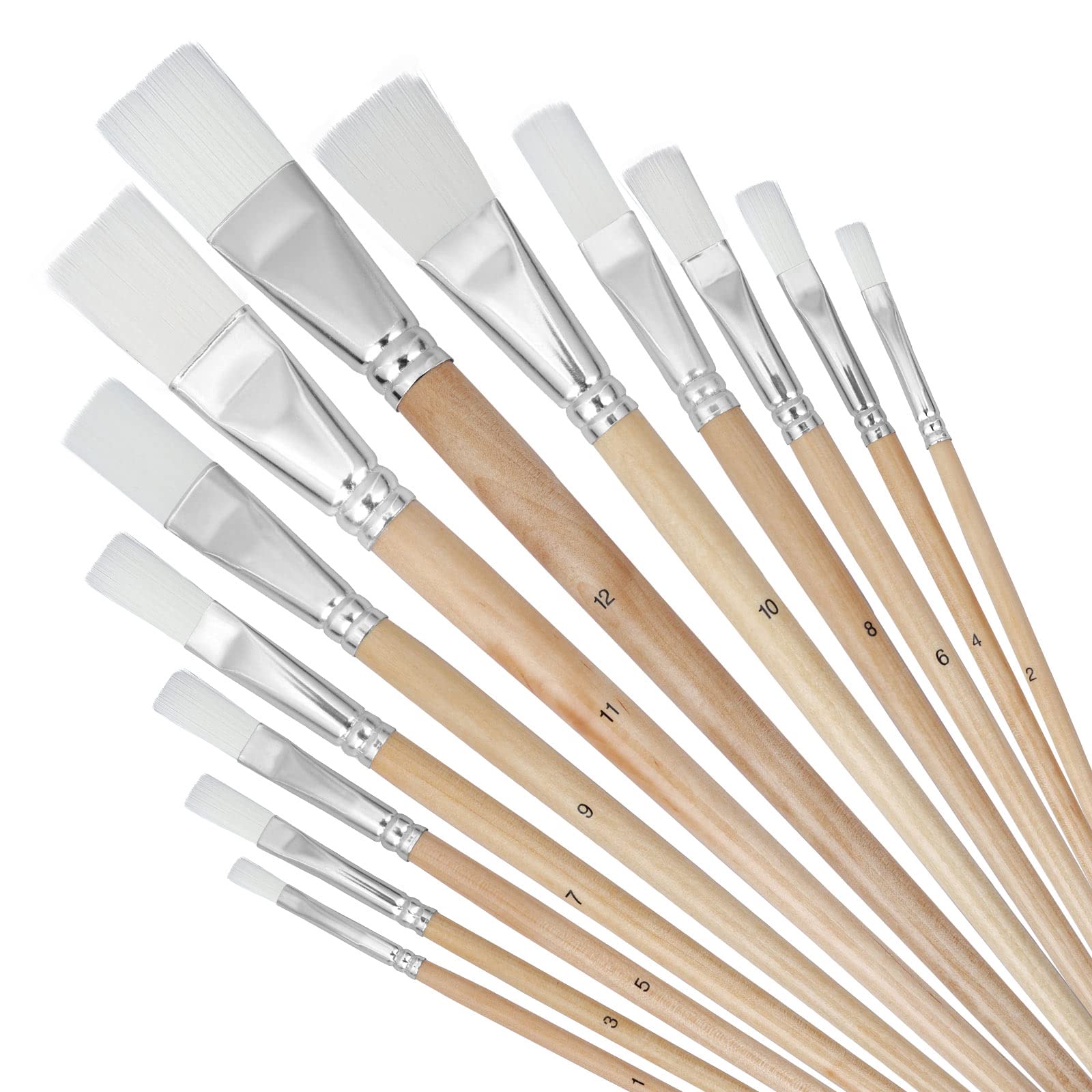 Artkey 12-Pack Professional Flat Tip Paint Brushes Set - Nylon Hair with Long Birchwood Handle for Acrylic, Oil, Watercolor, Gouache & Tempera - Perfect for Canvas Painting, Face Art & Nail Designs - Ideal for Artists, Beginners & DIY Craft Projects