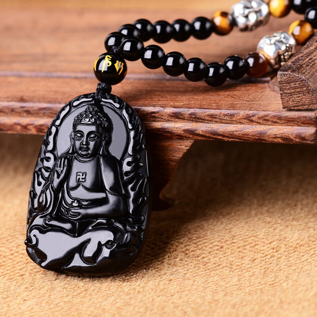 Natural Obsidian Pendant Necklace for Women & Men - Zodiac Bodhisattva Amulet Talisman in White Copper | Spiritual Protection & Fashion Jewelry for Daily Wear, Meditation & Gifts