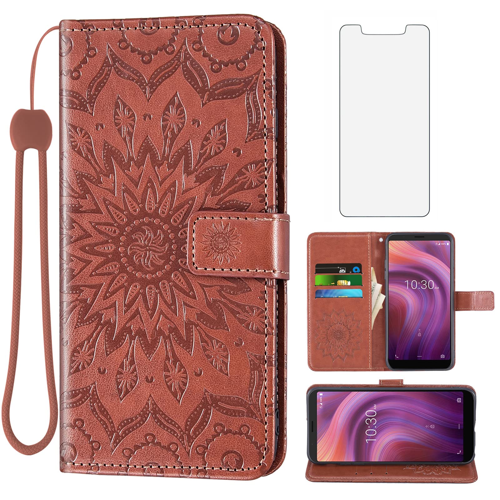 Premium Leather Wallet Phone Case for Alcatel 3V (2019) - Slim Flip Cover with Card Holder & Stand | Includes Tempered Glass Screen Protector | Sunflower Design for Women & Men (Brown) | Perfect for Everyday Use, Travel & Business Meetings