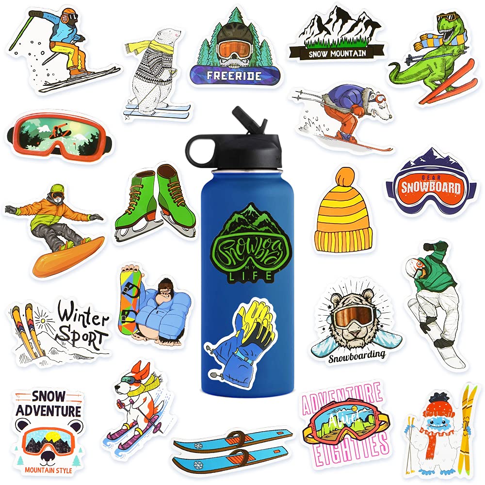 50pcs Ski & Snowboard Stickers for Kids - Waterproof Vinyl Decals for Helmets, Laptops, Water Bottles - Perfect for Winter Sports Gear & School Supplies (Snowboard Style)