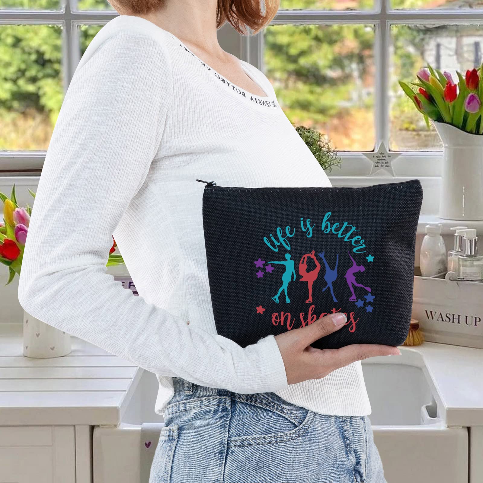 LEVLO Ice Skate Themed Cosmetic Bag - Perfect Gift for Skate Lovers - Makeup Zipper Pouch - Figure Skating Accessories (Black Skates Design) - Ideal for Rink Days, Competitions & Travel