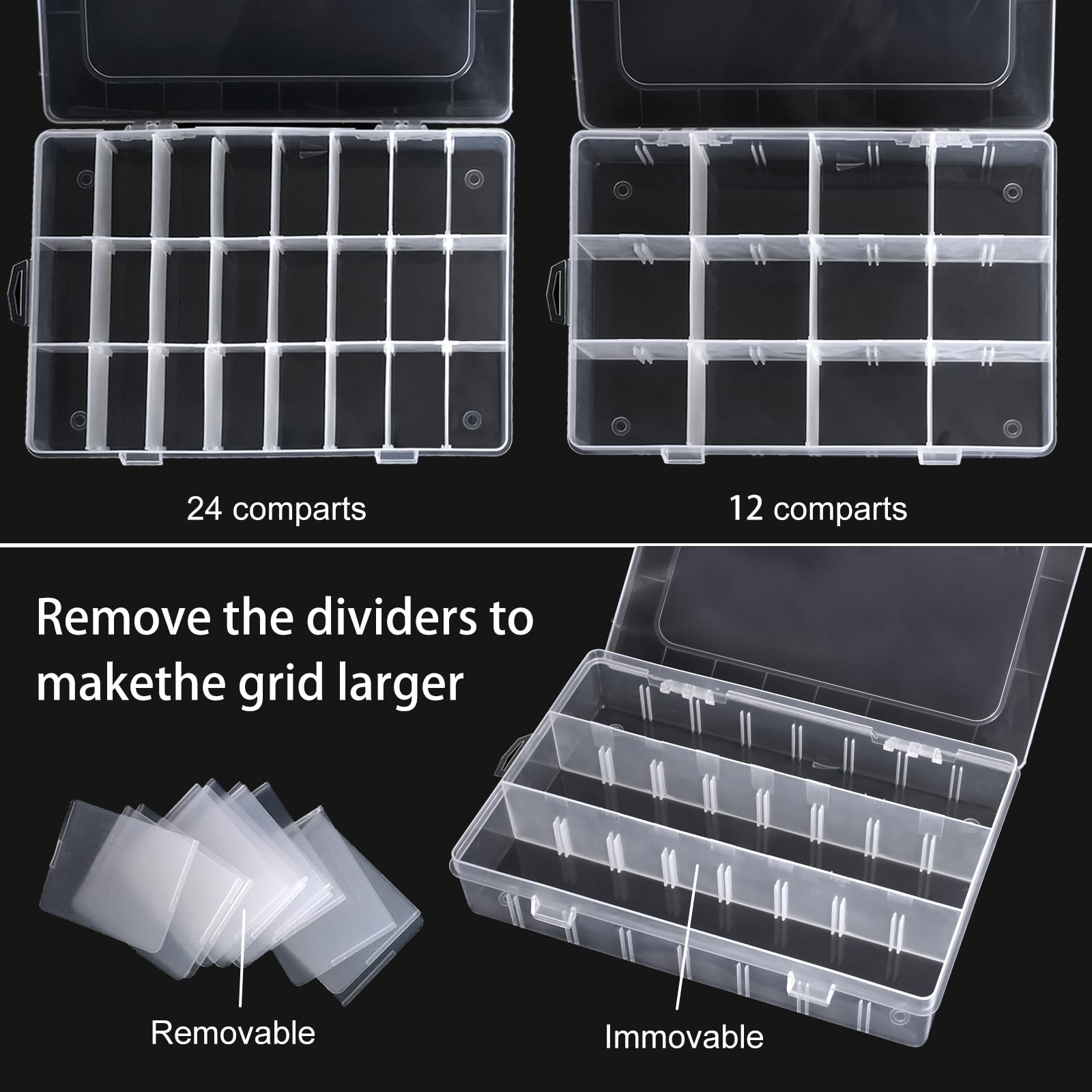2 Pack 24 Grids Clear Plastic Storage Box with Adjustable Dividers - DIY Craft Organizer for Beads, Jewelry, Fishing Tackles - Includes 1 Sheet Label Stickers - Perfect for Home, Office & Travel Organization