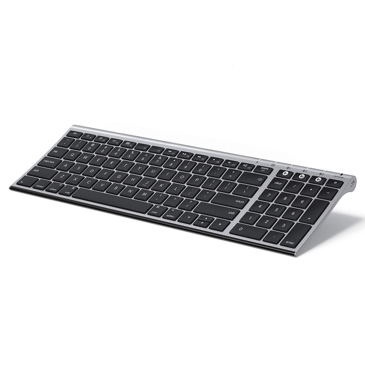 Wireless Rechargeable Bluetooth Keyboard for Mac - Slim Multi-Device Keyboard with Numeric Keypad Compatible with MacBook Pro/Air, iMac, iPhone, iPad Pro/Air/Mini (Black & Gray) | Perfect for Office Work, Home Use, and Remote Learning