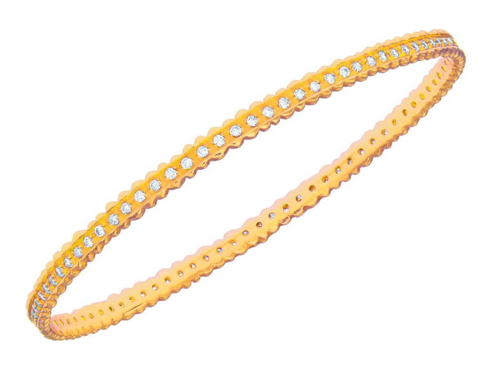 Fine Jewelers Sterling Silver Yellow Finish Shiny Ridged Edge Slip-On Bangle with White Cubic Zirconia - Elegant Bracelet for Women, Perfect for Parties, Weddings & Everyday Wear