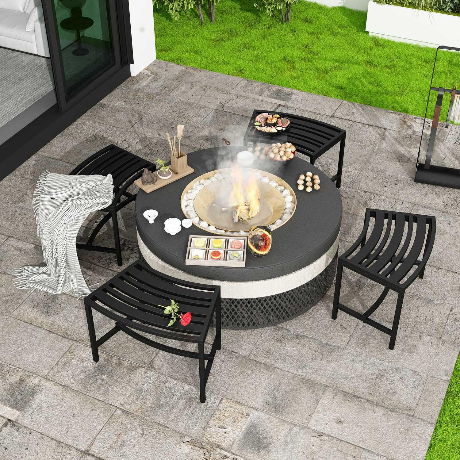 4-Piece Black Metal Curved Fire Pit Bench Set - Heavy Duty Steel Outdoor Seating for Garden, Patio, Porch & Backyard - Backless Design Doubles as Plant Stand - Perfect for Campfires, Outdoor Gatherings & Garden Decor