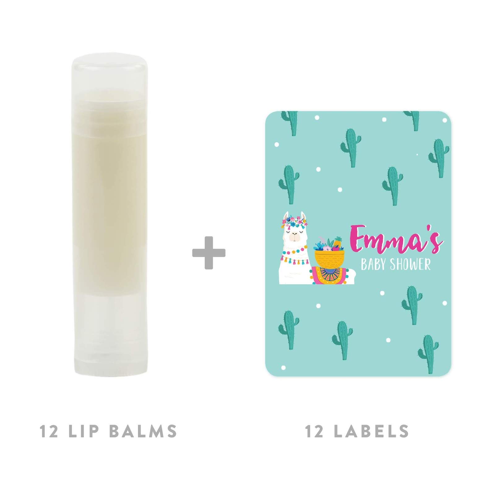 Personalized Llama and Cactus Lip Balm Party Favors - 12 Pack Bohemian Themed Baby Shower Decorations for Emma's Special Celebration | Perfect for Birthday Parties, Bridal Showers & Themed Events