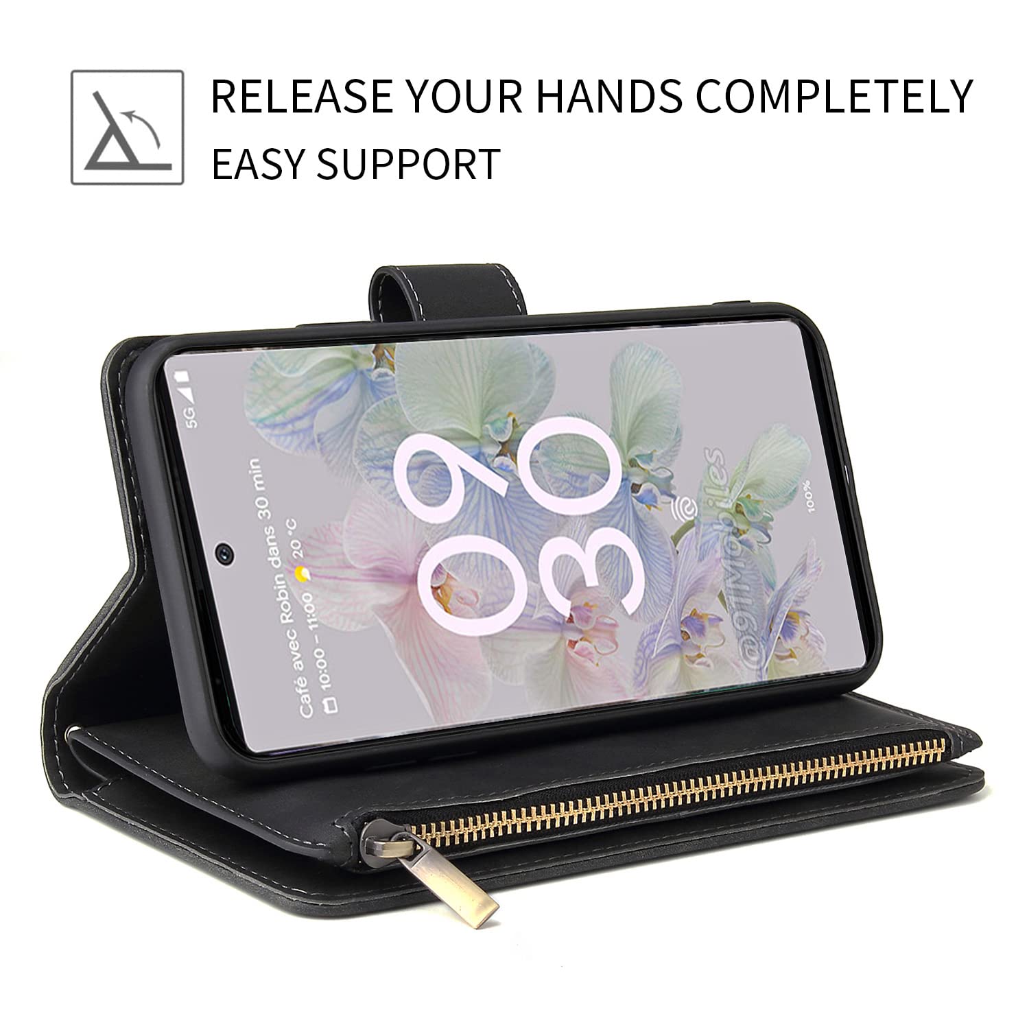 Google Pixel 7 Pro Magnetic Wallet Case - Premium Leather Flip Cover with 6 Card Slots, Hand Strap & Zipper Pocket | Shockproof Stand Case for Men & Women (Black) | Perfect for Daily Commute, Travel & Business Use