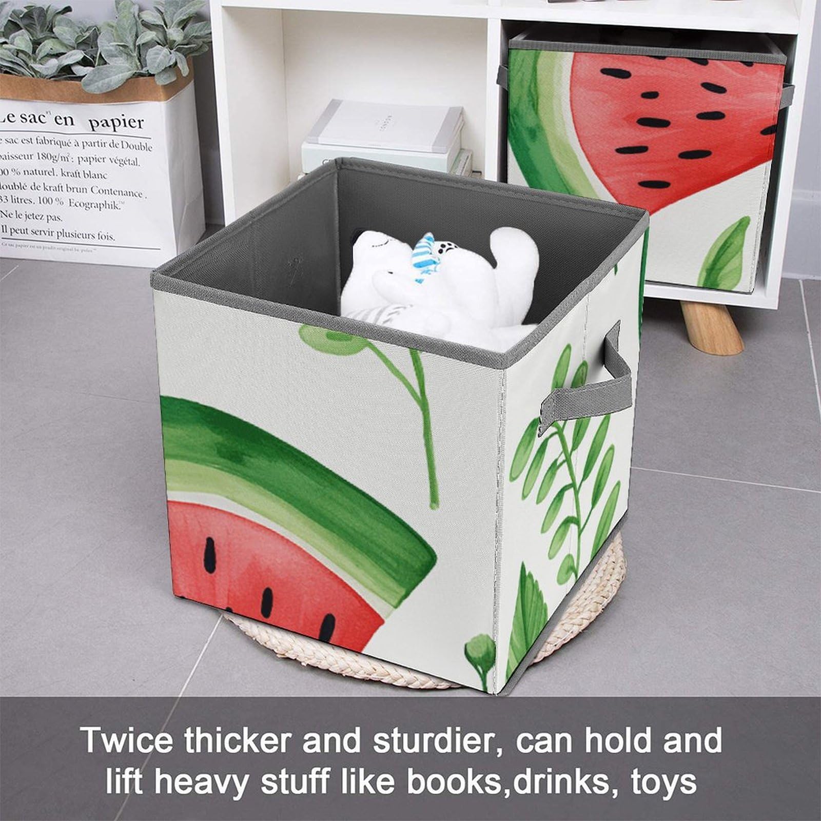 Watermelon Pattern Foldable Storage Cubes with Handles - Closet Organizer Bins for Cabinet, Shelf & Wardrobe Organization - Perfect for Kids Room, Bedroom & Dorm Storage