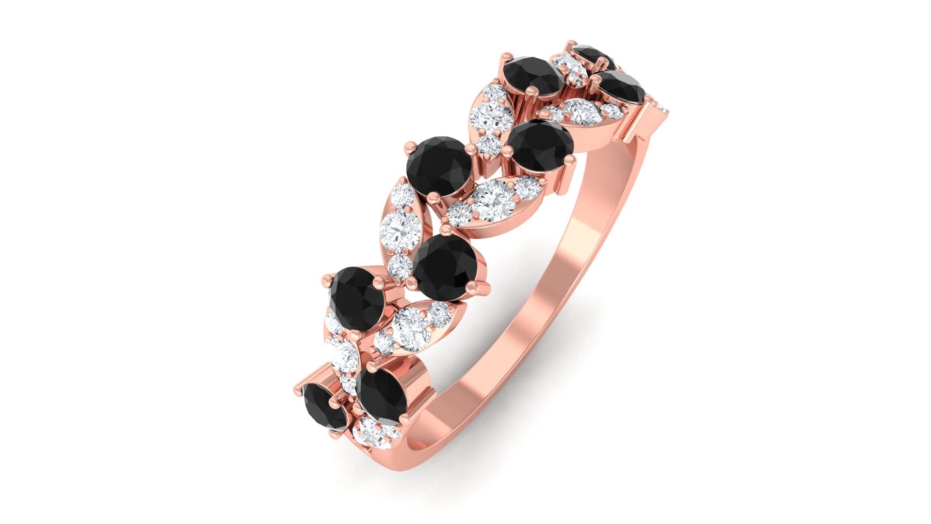 3/4 CT Black Onyx and Diamond Half Eternity Ring - 14K Solid Gold Leaf Design Wedding Band for Women - Perfect for Anniversary, Engagement & Special Occasion Jewelry Gift