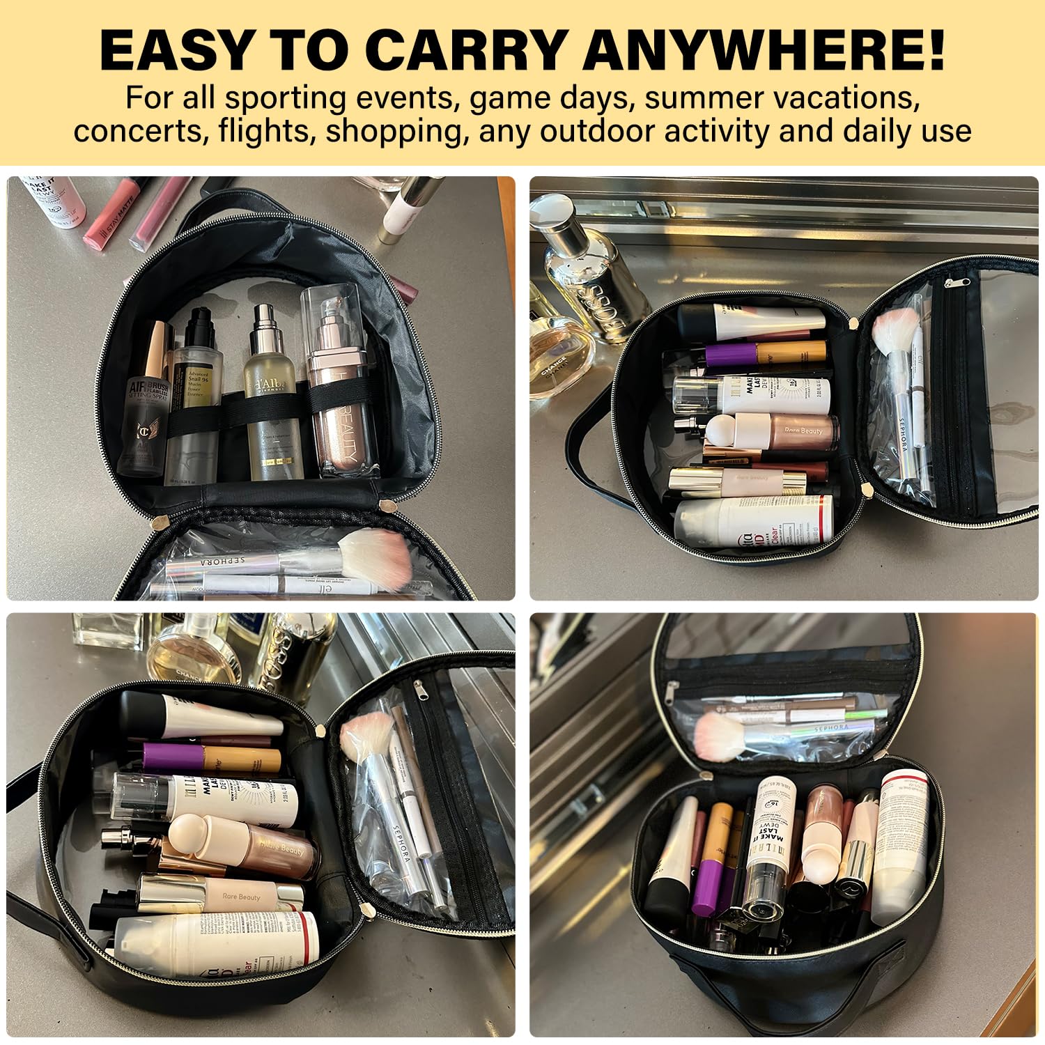 2-Pack Waterproof PU Leather Makeup Travel Bag for Women - Clear Toiletry Organizer with Multiple Compartments & Layered Storage | Perfect for Cosmetic, Skincare & Travel Essentials (Black)