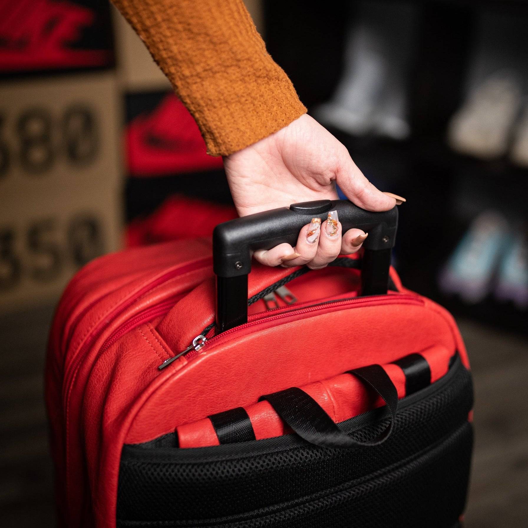 Premium Red Leather Carry-On Roller Bag with Patented Signature Design - Perfect for Business Travel & Weekend Getaways