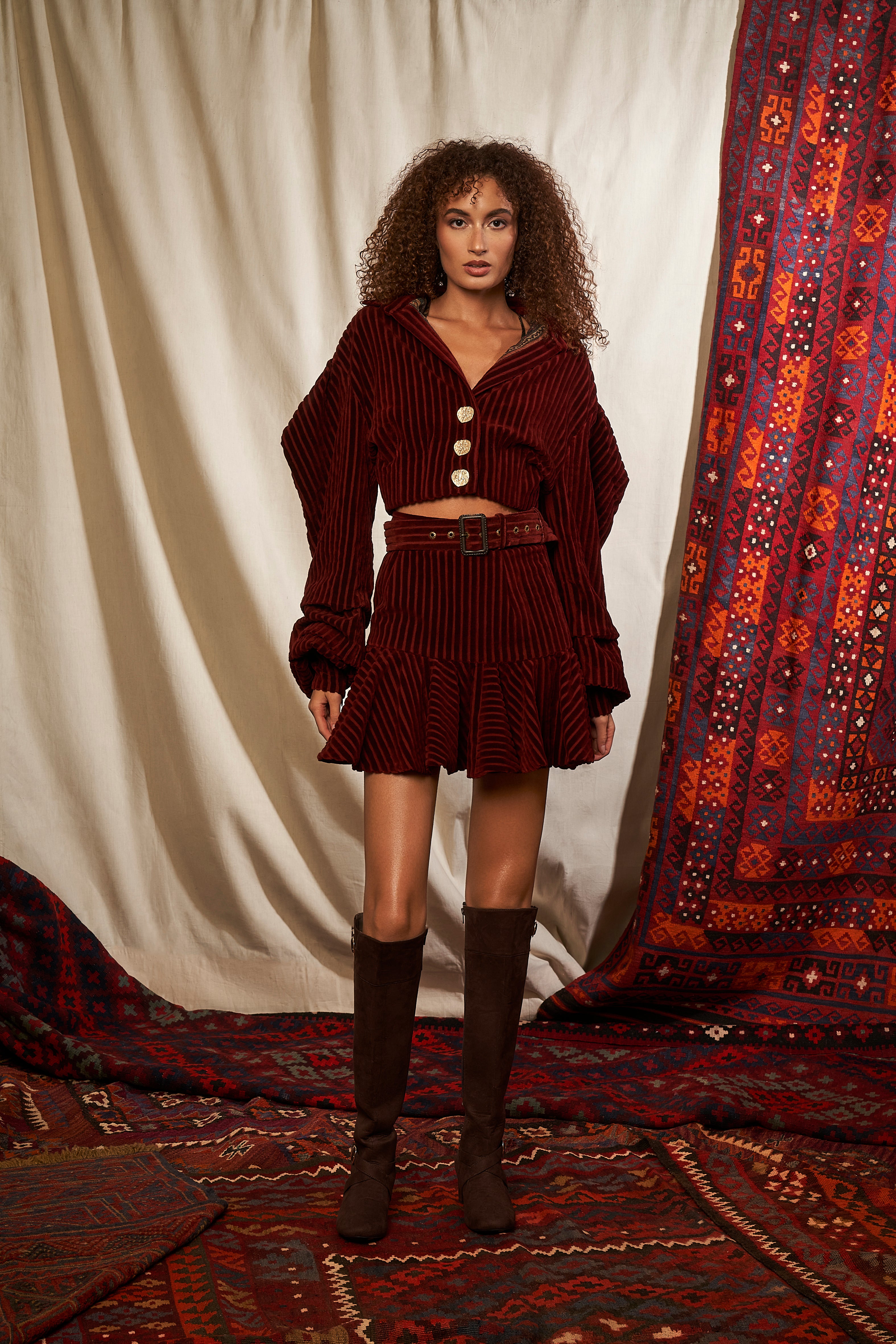 Vintage Oxblood Corduroy Skater Skirt with Adjustable Belt | Women's High Waist A-Line Mini Skirt | Perfect for Fall Outfits, Date Nights & Casual Wear
