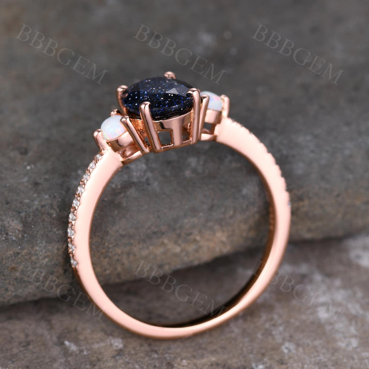 5x7mm Oval Cut Blue Sandstone Three Stone Engagement Ring - Half Eternity Diamond Wedding Band for Women - Perfect for Proposals, Anniversaries & Romantic Occasions
