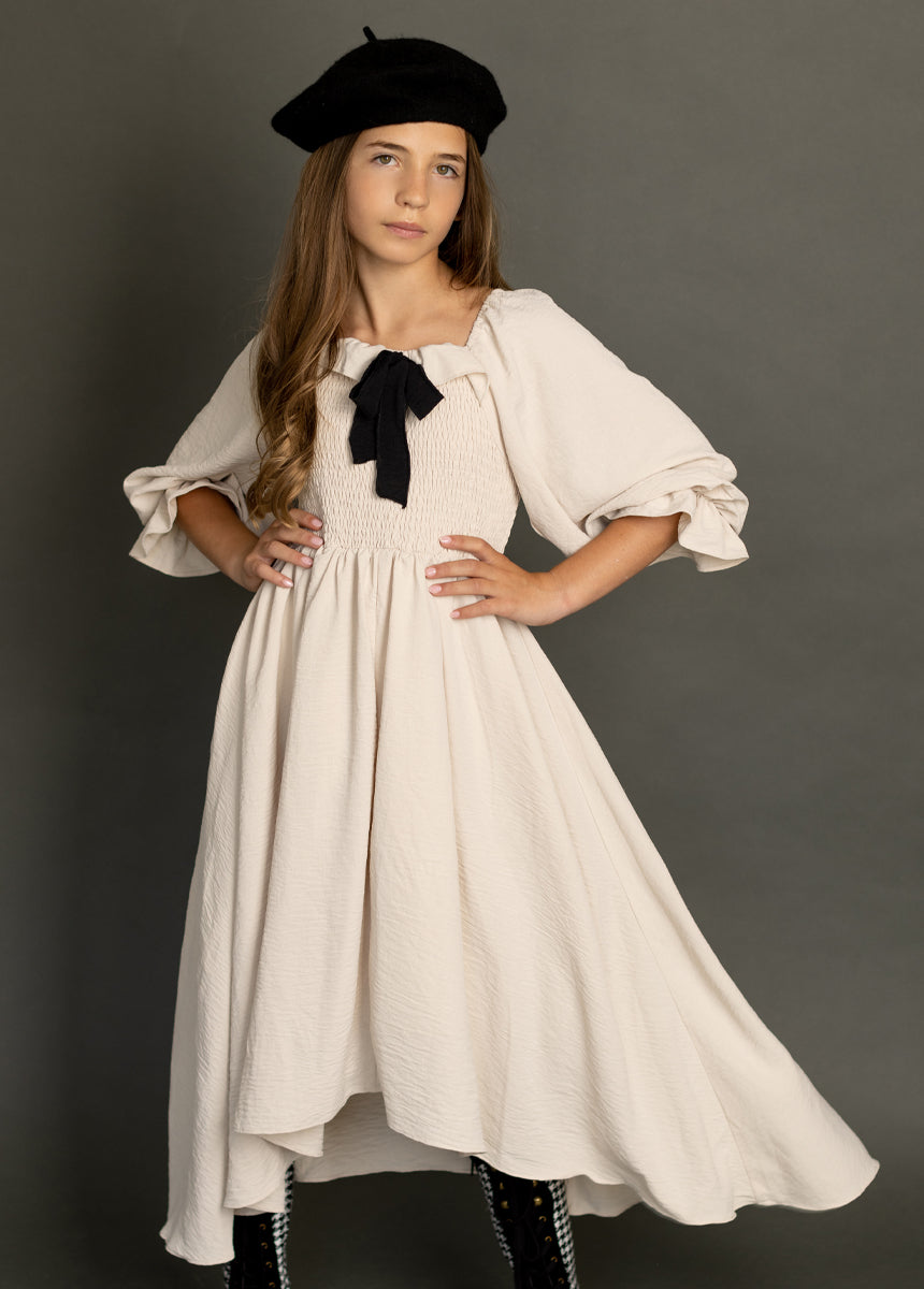 Odina Women's Ecru Dress - Elegant Flowy Midi Dress for Casual Wear, Office & Special Occasions
