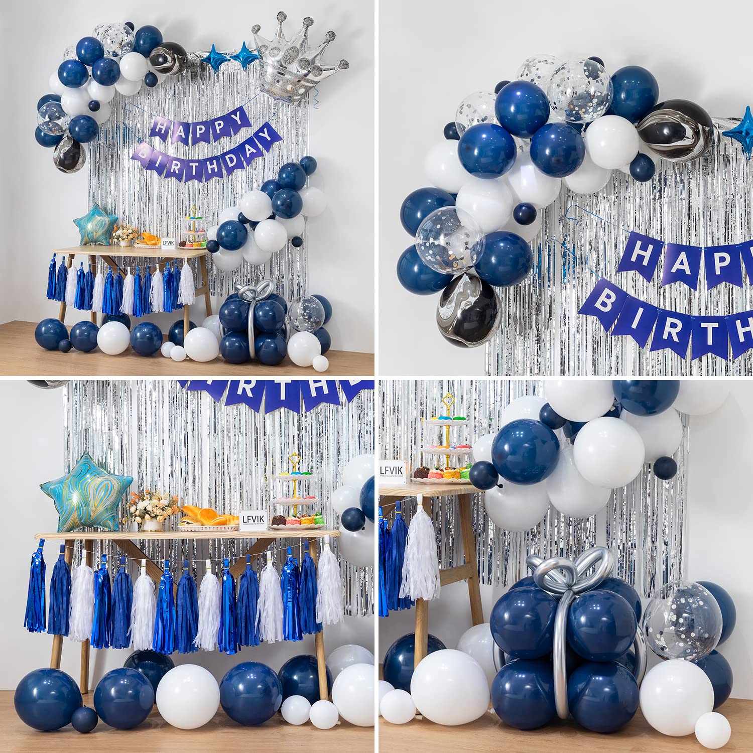 Navy Blue Birthday Party Decorations Set - Balloon Garland, Banner, Silver Crown Balloons, Curtains & Confetti | 4 Sizes | Perfect for Men & Women's Birthday Celebrations, Baby Showers & Anniversary Parties