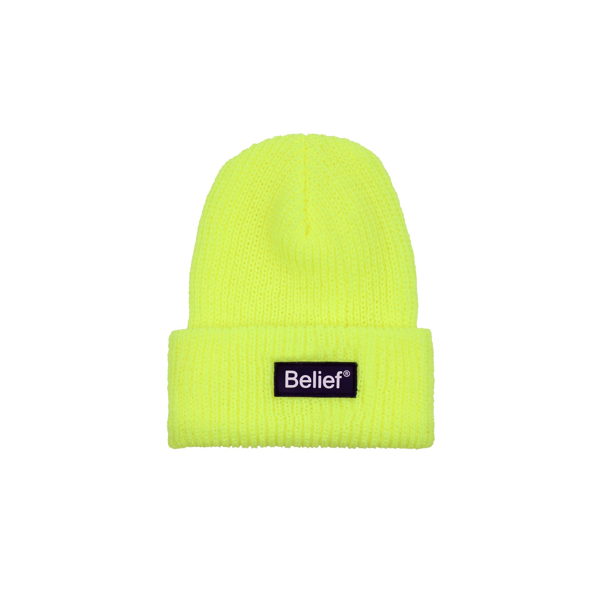 Belief NYC Neon Logo Beanie - Safety Yellow Winter Hat for Men & Women - Perfect for Outdoor Activities, Skiing, Snowboarding & Cold Weather Fashion