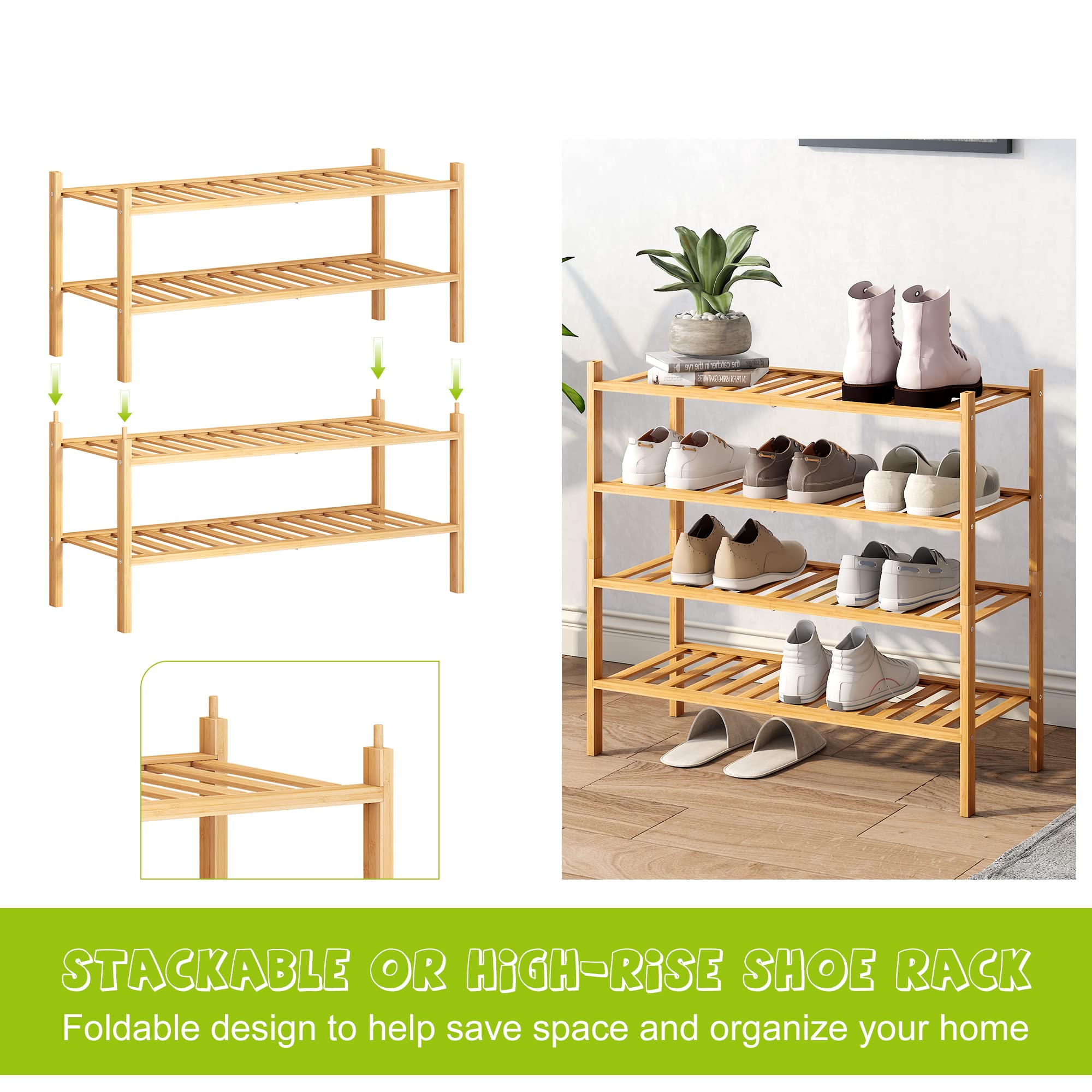 BMOSU 2-Tier Stackable Bamboo Shoe Rack - Premium Shoe Storage Organizer for Hallway, Closet & Entryway - Space Saving Shoe Shelf for Living Room, Bedroom & Dorm - Natural Bamboo (Perfect for Small Spaces & Apartment Organization)
