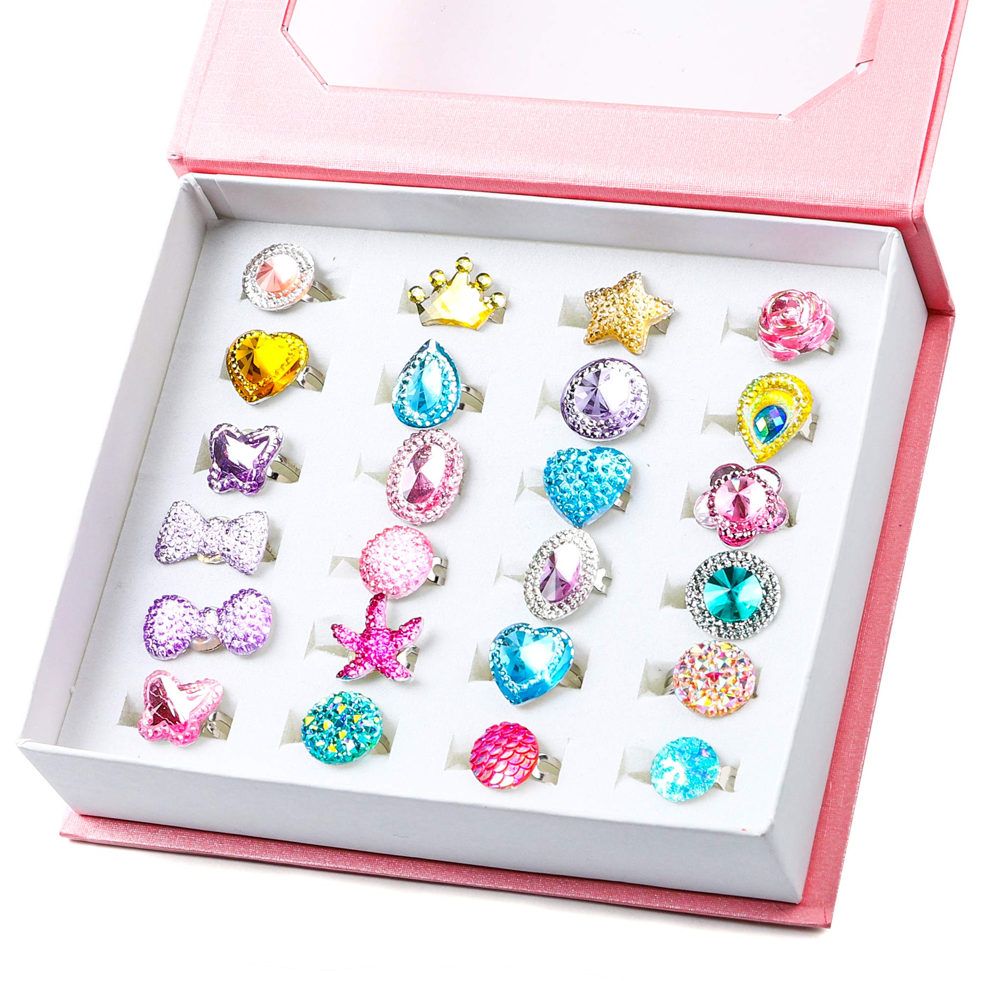 WATINC 24Pcs Adjustable Princess Pretend Jewelry Rings Set for Girls - Sparkling Rhinestone Dress Up Play Toys, Unique Diamond Rings Gift Box for Little Girls - Perfect for Birthday Parties, Dress Up Play & Pretend Play
